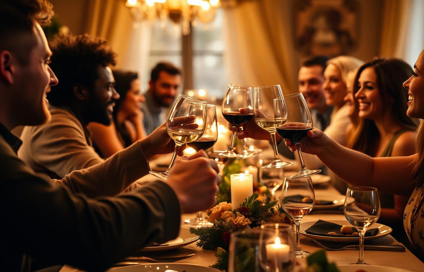 Friends raising glasses at a dinner table