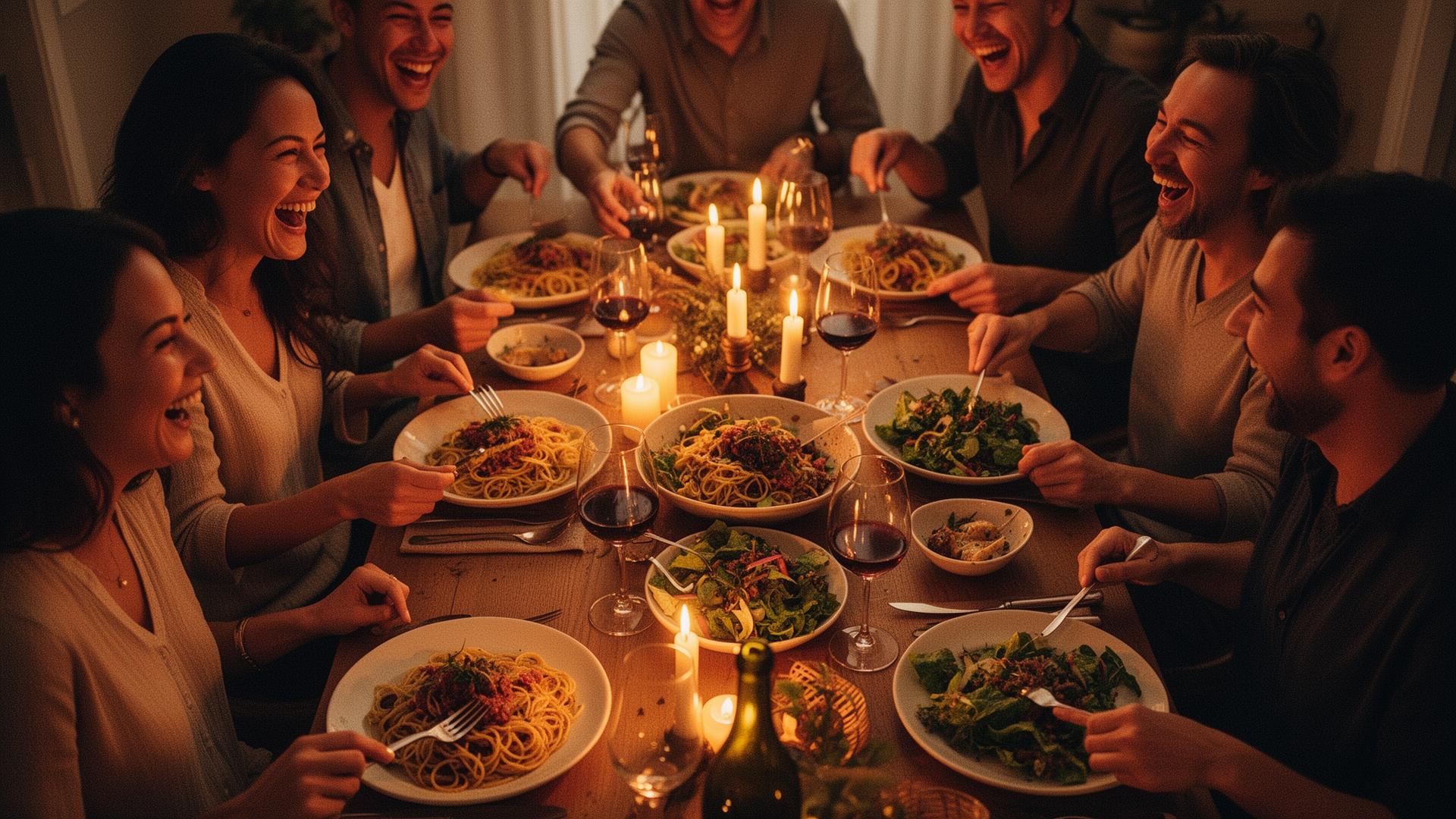 Friends laughing around a candlelit dinner table